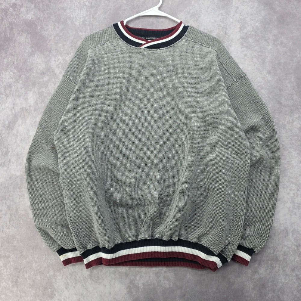 Vintage Russell Athletic Sweatshirt XL Grey Knit Striped Trim Made in USA 90s